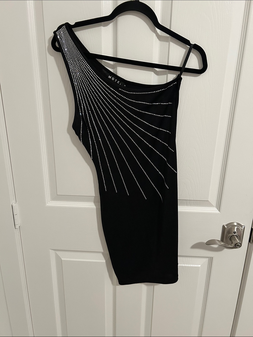 Motel (Urban Outfitters) Black One-Shoulder Rhinestone-Detail Bodycon Dress